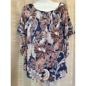Espresso Floral Print‎ Top, Women's Medium, Tie Neck, 3/4 Sleeve, Blue Brown